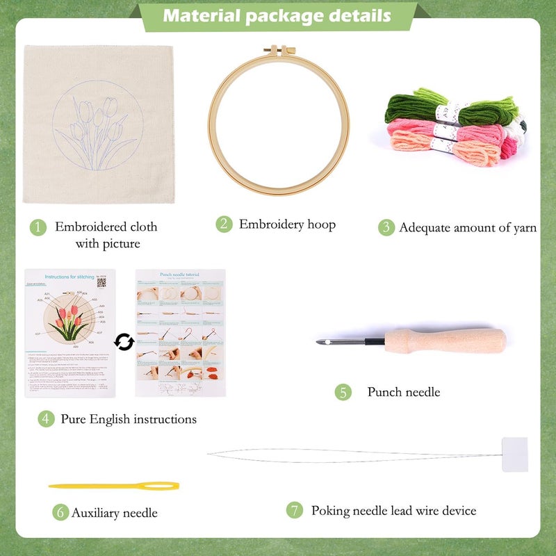 KESTAR Punch Needle Embroidery Starter Kits, Pink Tulip Flower Punch Needle Kits for Adults Beginner, Needle Punch Kit Tool with Instruction Threader Fabric Yarns and Hoop - Image 5